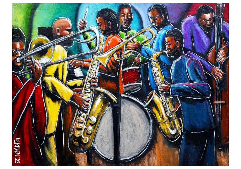 a painting of a jazz band playing instruments