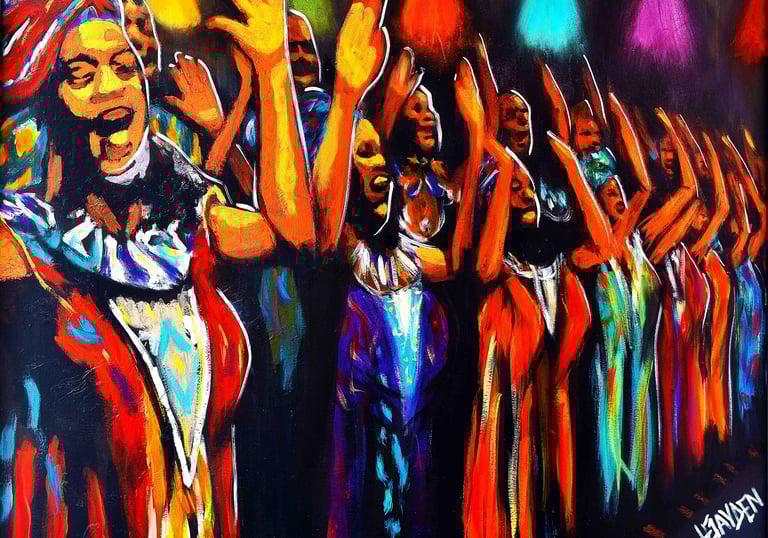 a painting of an African chior in colorful colors