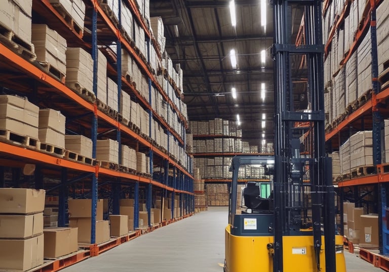 An array of blue packages stacked neatly in rows with 'Orkla' branding and nutritional information printed in white. The packaging appears uniform and organized.