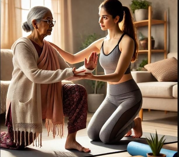 Yoga instructor in Hyderabad conducting a private home yoga class. Hyderbad Fitness