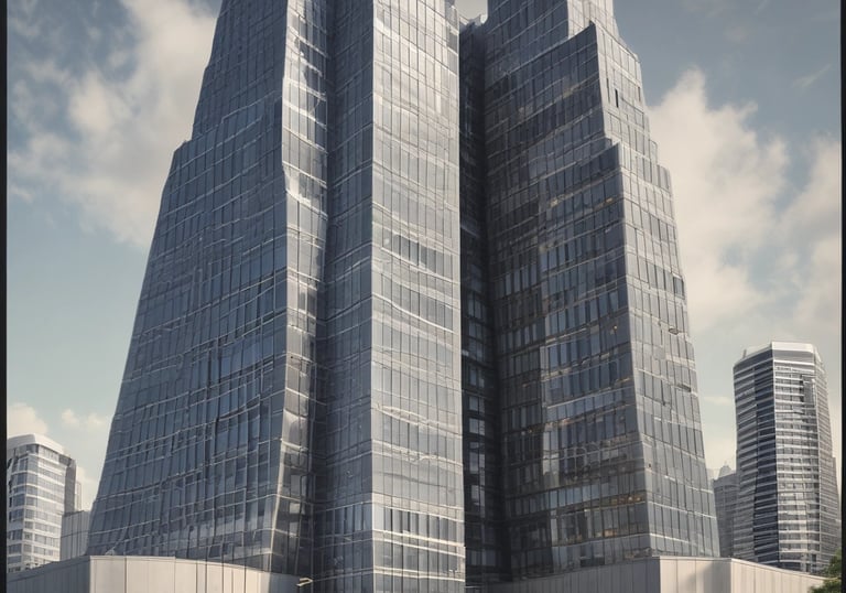 A car dealership building with clear signage for Volvo, Jaguar, and Land Rover brands. The structure features large glass windows and a metallic exterior, situated on a slightly elevated area with a clear, blue sky in the background.