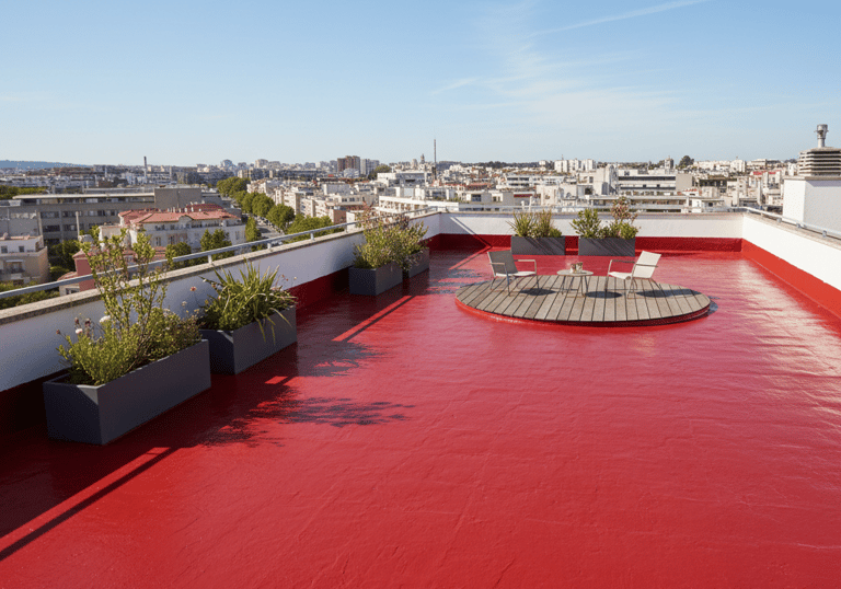 a red painted roof top with a circular table and chairs