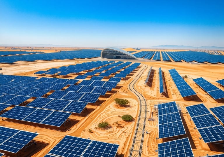 Solaranlagen/Fotovoltaik-Anlagen in der Wüste. / KI generiertes Bild