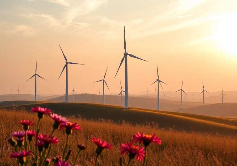 Windturbinen in hügeliger Landschaft / KI-generiertes Bild