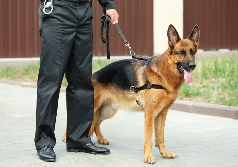 Sécurité cynophile Maîtres-chiens formés pour surveiller, dissuader et intervenir efficacement.