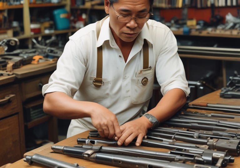 An artisanal display with intricately designed metal plates featuring elaborate engravings, ornate boxes, and various traditional items. The arrangement also includes small pyramidal souvenirs and mugs with decorative motifs, set against a glass shelf backdrop.