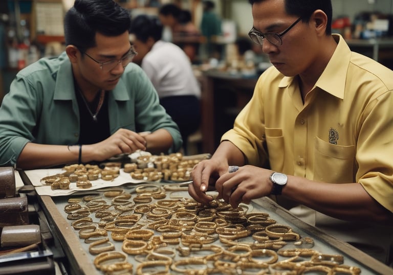 A person wearing traditional clothing is working meticulously on what appears to be an intricately designed wooden furniture piece or artifact. The background shows a large quantity of stacked wooden planks, indicating a workshop or carpentry setting.