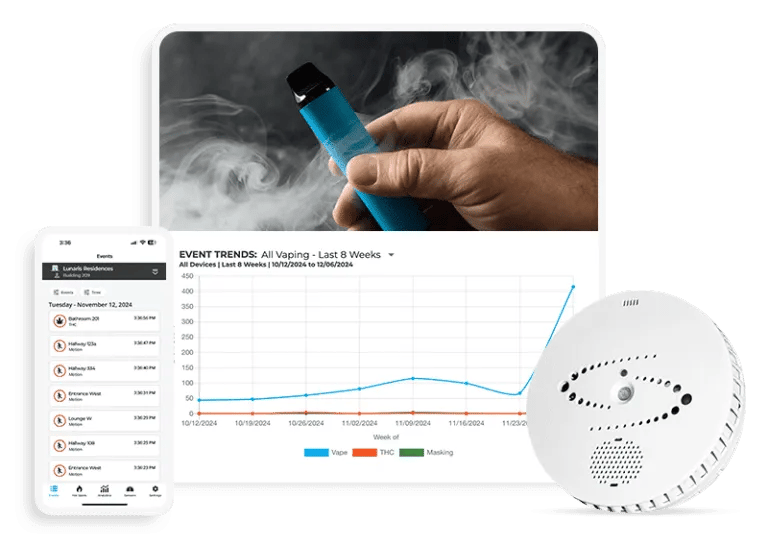 Verkada HALO Smart Sensor system displaying real-time vaping detection alerts and analytics via mobile and desktop dashboard