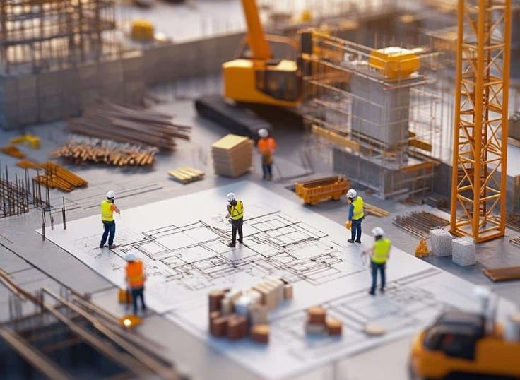 a group of construction workers standing in front of a building