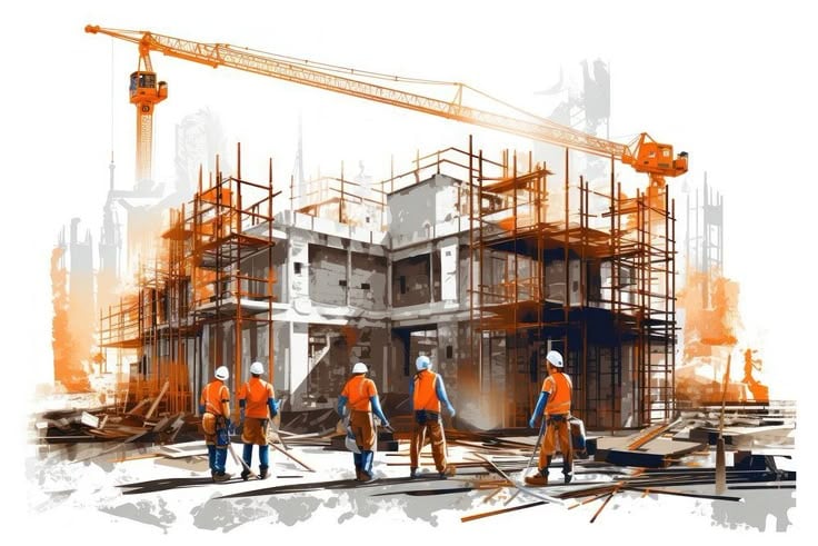 a group of construction workers working on a building site