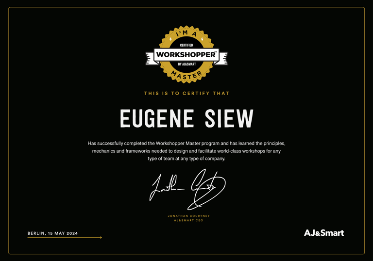 AJ&Smart Workshopper Master certificate - Eugene Siew