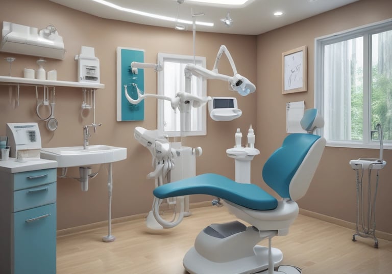 A modern dental clinic room featuring a dentist's chair with purple upholstery and an adjacent matching stool. The room is equipped with dental instruments, an overhead examination light, and a wall-mounted monitor. The walls are adorned with neutral-colored blinds, and there is an air conditioning unit above the equipment. The floor is polished, adding to the clean and sterile atmosphere.