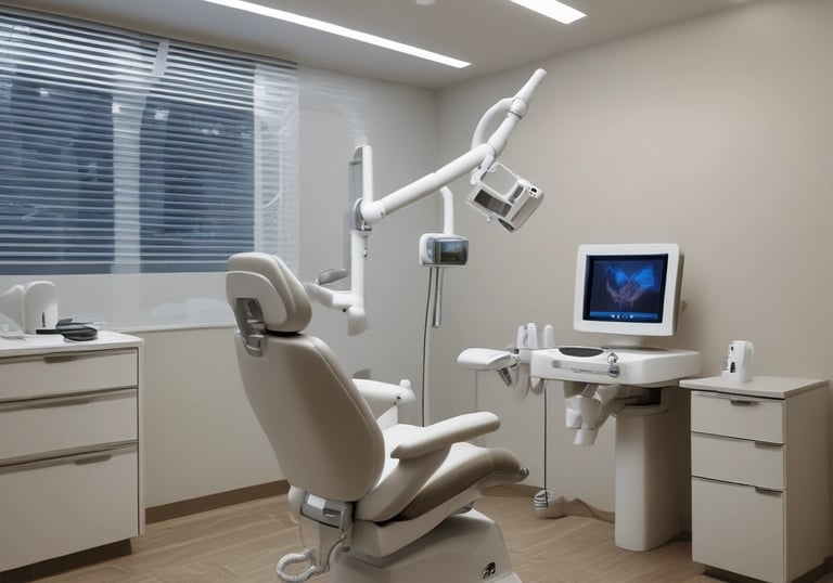 A bright and modern dental clinic room with turquoise dental chairs and equipment. The room is well-lit, featuring a large window with blinds on the right. Cabinets with drawers, decorative plants, and art pieces on the wall enhance its aesthetic appeal.