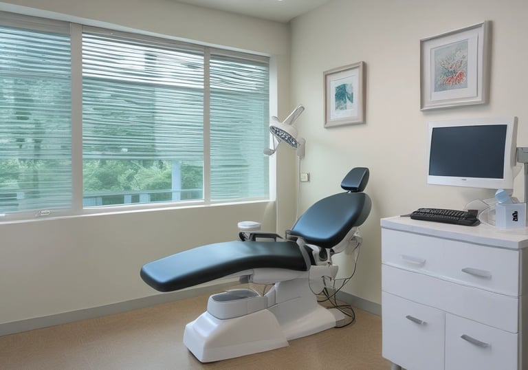 A clean and modern dental office with a dental chair, stools, and various dental equipment in shades of white and teal. The room features a framed artwork, some potted plants, and a bench along one wall. The environment is well-lit with overhead lighting, and there are multiple cabinets and drawers for storage.