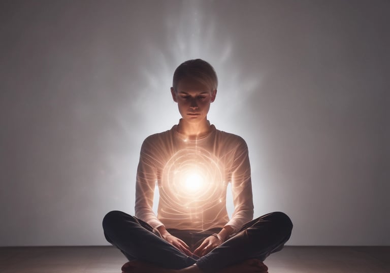 A man and a woman are engaged in a ritual or meditative practice outdoors. The man uses a pipe or instrument directed towards the woman, who holds it to her nose. Both have long hair and the woman has extensive arm tattoos. Brightly colored earrings and bracelets like wristbands are visible. The background features lush greenery and what seems to be decorative natural elements, suggesting a tranquil or ceremonial setting.