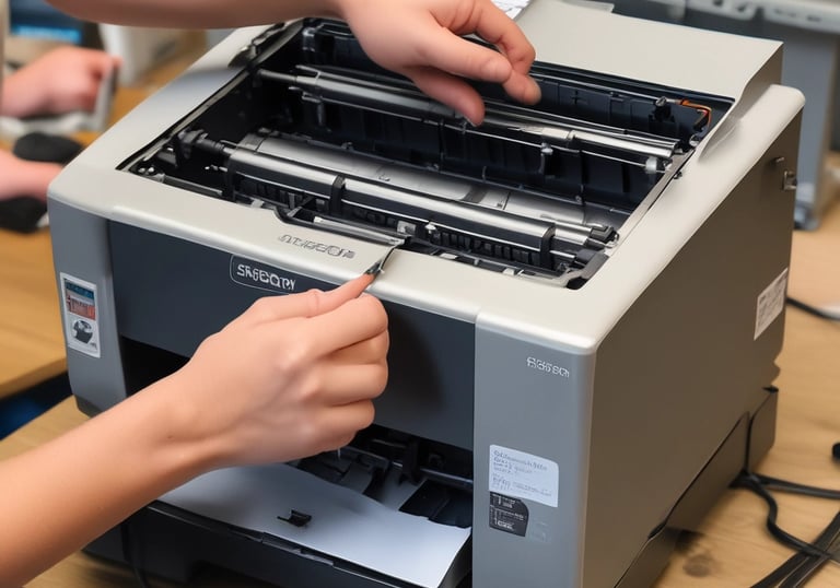 Close-up of a technician repairing a printer in a modern workshop.