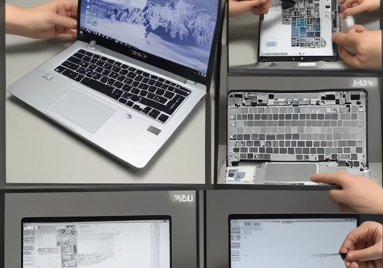 Hands installing printer cartridges and checking printer settings on a desk.