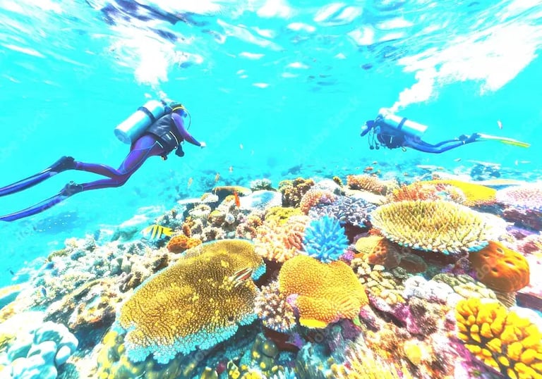 Mergulhador com cilindro explorando recifes de coral coloridos nas águas cristalinas, Mar Vermelho,em Sharm El Sheikh, Egito