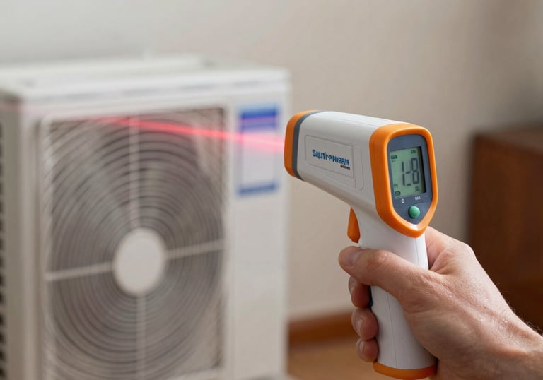 Close-up of a digital laser thermometer measuring the output air temperature of a Split unit, indicating precision and technical control, South American / Argentine home setting.