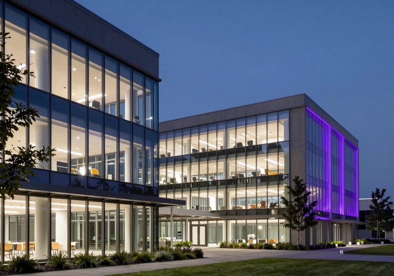 A wide, professional architectural shot of a modern, minimal tech campus at night with violet lights illuminating the glass walls, North American / International.