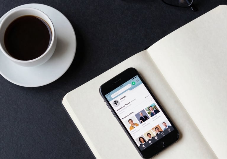 A top-down view of a International / Global professional's workspace with a coffee cup, a notebook, and a smartphone showing a business app. The colors are dark navy and soft off-white.