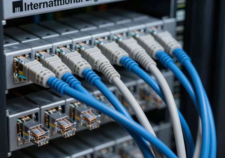 A close-up photograph of precision-organized structured cabling with light grey and navy blue ethernet wires in a International English data center.