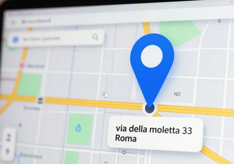A digital screen showing a navigation map with a pin on via della moletta 33, Rome. High-tech and efficient atmosphere using the #8DAFB5 palette.