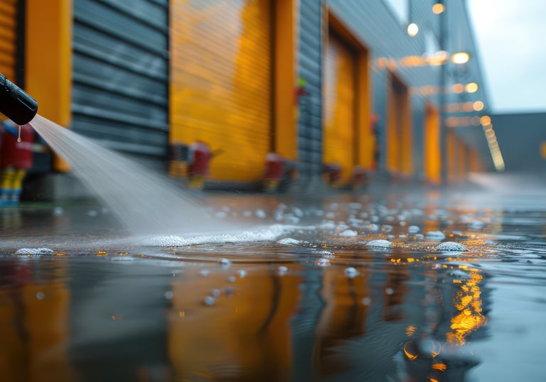 Nettoyage à haute pression d'un sol en béton à l'extérieur d'un entrepôt doté de portes jaunes