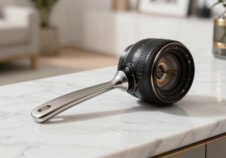 A luxury aesthetic tool displayed elegantly on a white marble surface in a bright, modern Californian room.