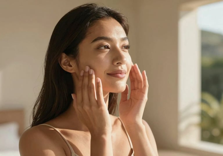 A serene, elegant North American / Californian woman in her late 20s to early 30s, captured in a soft, natural mid-shot. Her radiant, healthy skin and gentle expression convey a sense of inner peace and vitality. She is subtly engaging in a self-care moment, perhaps gently touching her face or looking thoughtfully towards a natural light source. The composition emphasizes natural beauty and a sophisticated, inviting aesthetic. The lighting is soft, warm, and natural, like diffused golden hour light, highlighting her features without harsh shadows. The background is softly blurred, hinting at a bright, minimalist Californian interior or a lush, natural outdoor setting, using earthy tones and natural textures. The overall style is high-quality, clean, and elegant.