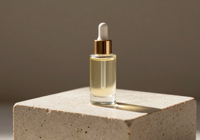 A glass bottle of high-end facial oil on a cream stone pedestal, illuminated by soft Californian morning light.
