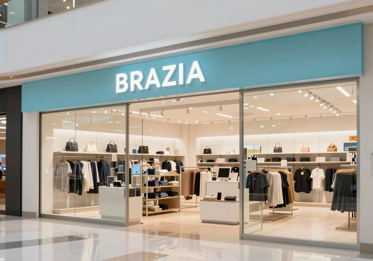 A clean, modern retail store interior in a Brazilian mall, showing well-integrated branding elements and signage that guides customers, bright and airy atmosphere with light blue accents.