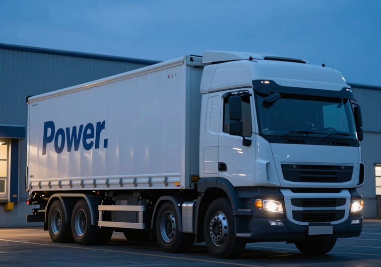 A close-up of a freight truck at a loading dock at dusk in a British industrial park. Cool blue tones, cinematic lighting, emphasizing large-scale distribution power.