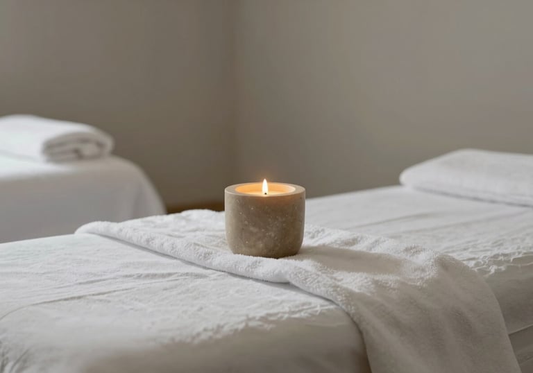 A peaceful wellness treatment room with white linens, warm light gray walls, and a muted taupe stone candle holder.