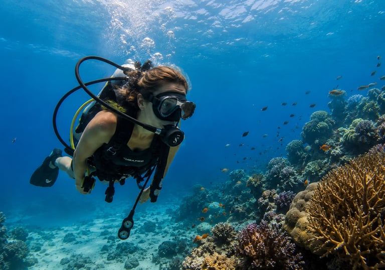 A female scuba diver exploring a vibrant tropical coral reef with colorful fish in clear blue water.
