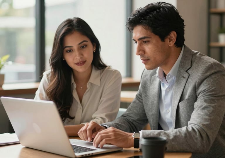 A collaborative scene of two South American professionals in business casual attire discussing a project over a laptop in a sunlit lounge area, professional and clean style.