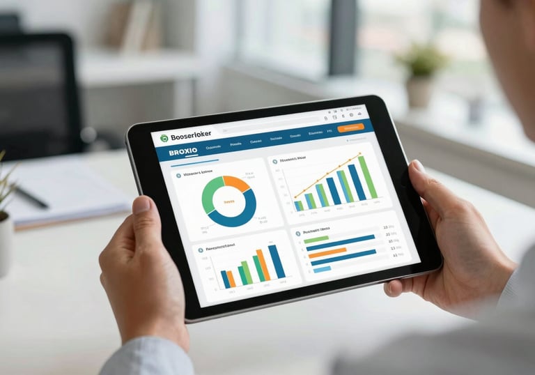 Modern tablet showing a property management dashboard with graphs, held by a professional in a bright Brazilian office.