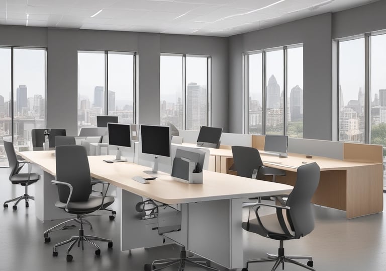 A sleek modern office with ergonomic furniture and a bright, open layout.