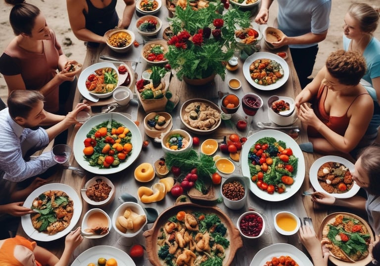 A peaceful outdoor setting with couples practicing yoga together in nature.