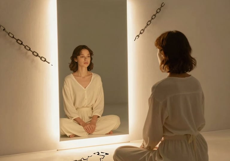 A serene person meditating outdoors surrounded by nature and soft sunlight.