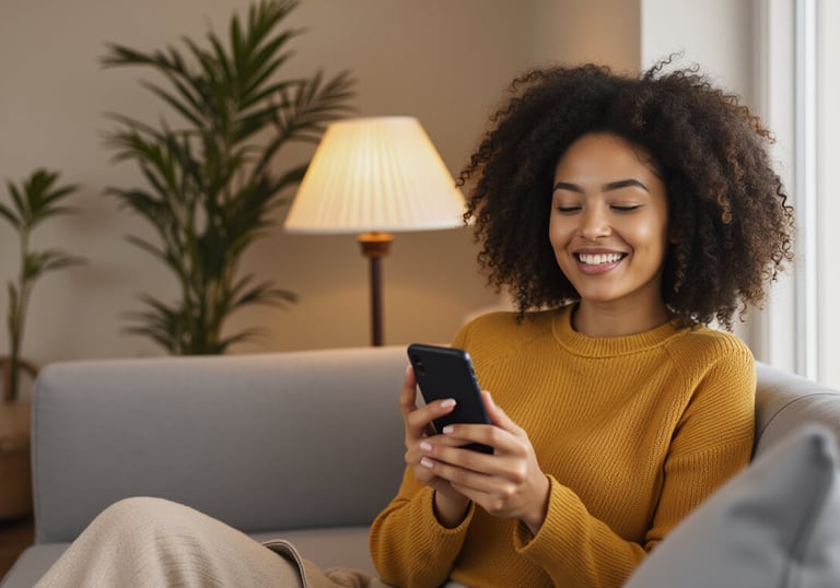 A beautiful woman smiling at her phone as she uses the IC Ally mobile app for symptom tracking