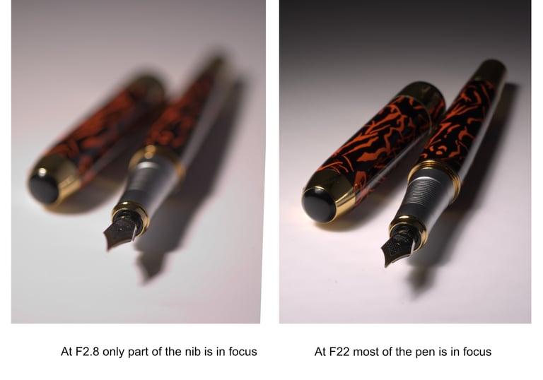 Close up image of a pen showing how apature affects depth of field.