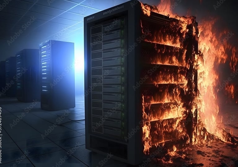 a server room with a fire in the background