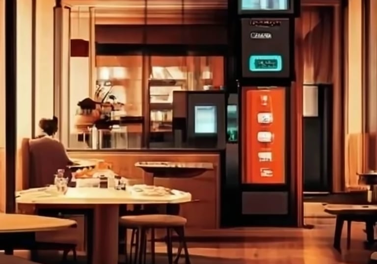 a restaurant with a vending machine in the middle of the room