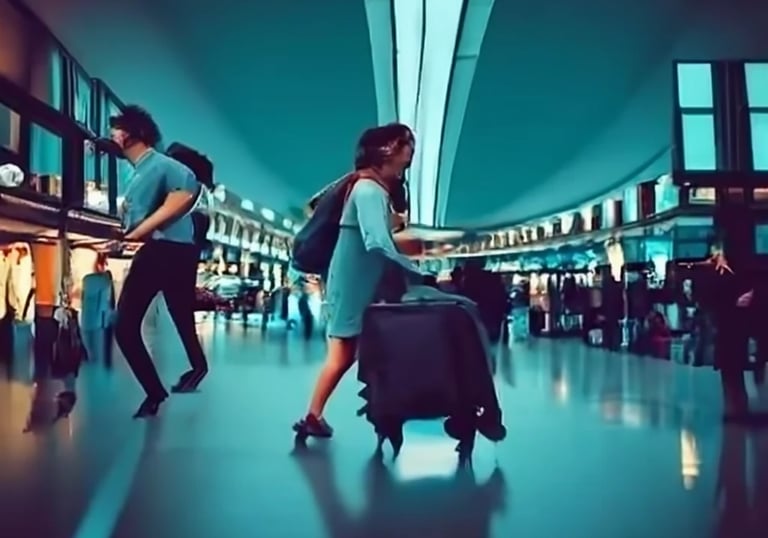 a woman in a blue dress and a man in a suit case