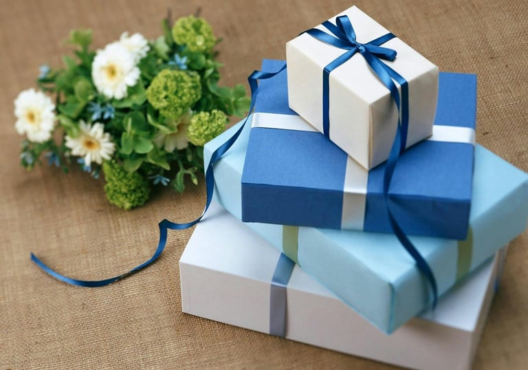 Gifts decorated in blue riboons