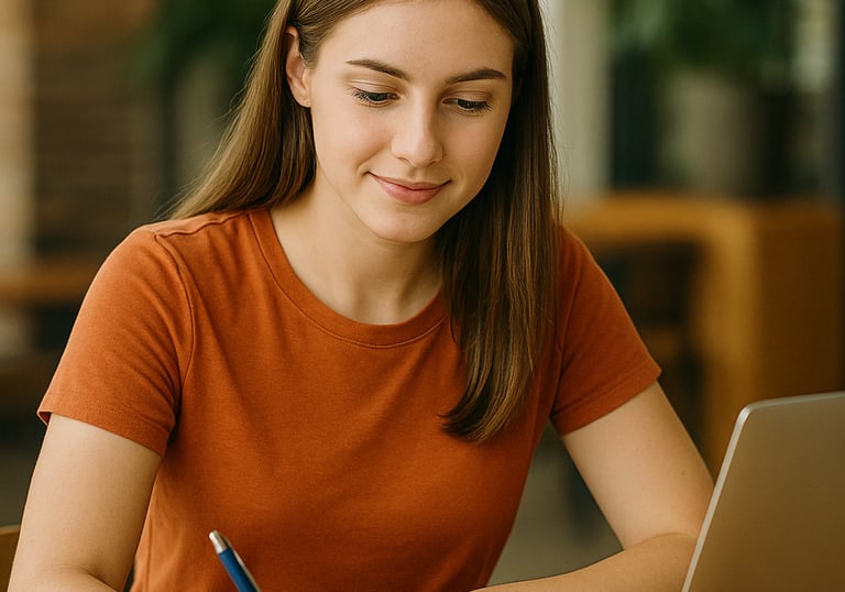 a woman sitting at a desk with a laptop and a notebook