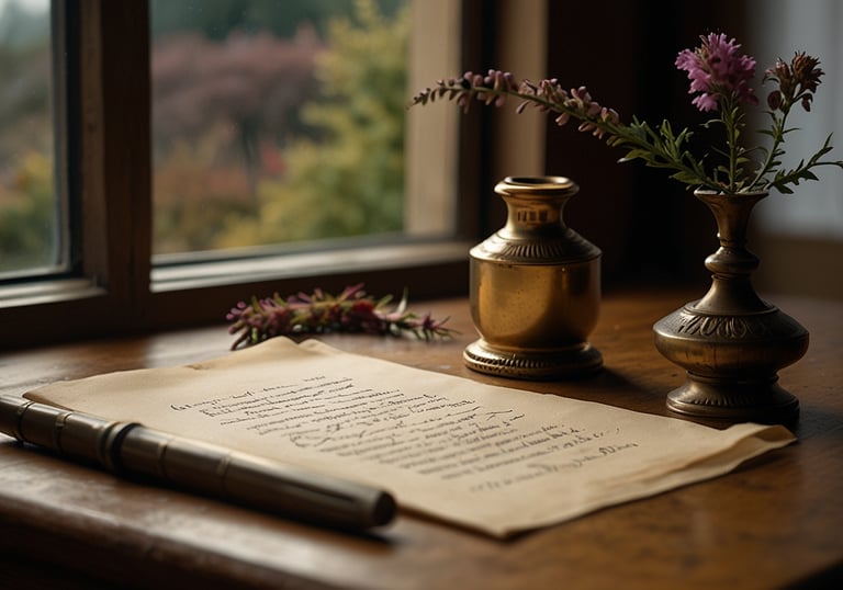a sheet of paper with an ink well and fountain pen on a table next to a window