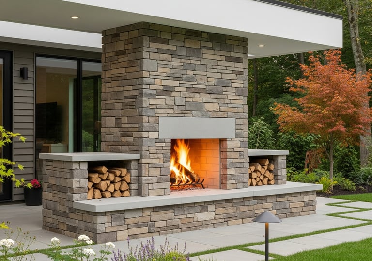 a fireplace with a fire place in the middle of a patio