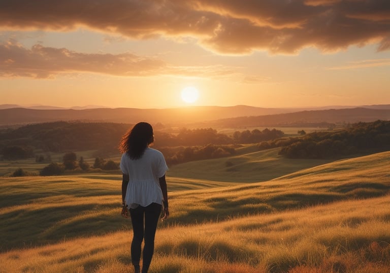 A person is practicing yoga outdoors, seated on a wooden platform with legs crossed and arms intertwined, performing a yoga pose. The background features lush greenery and trees, creating a tranquil natural setting.